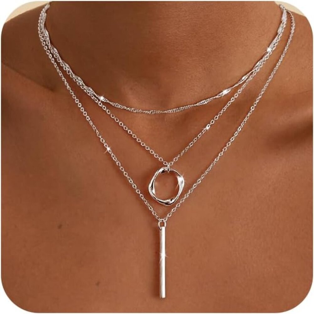 Layered Silver Necklaces for Women, Sterling Silver Stackable Stack Choker Neckl